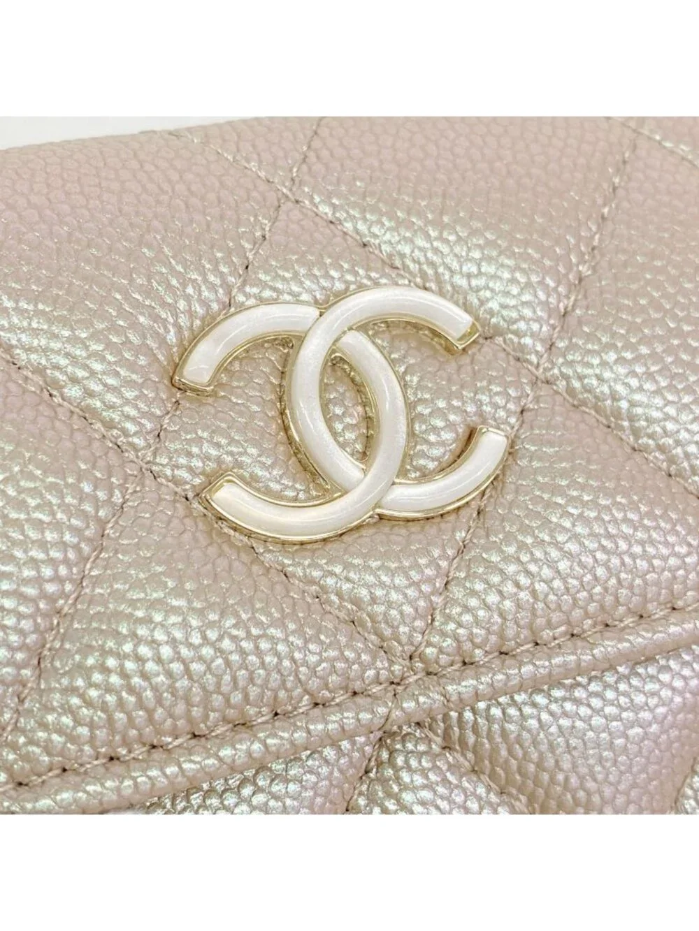 Chanel Trifold Wallet Caviar Leather Metallic Pink Champagne Gold